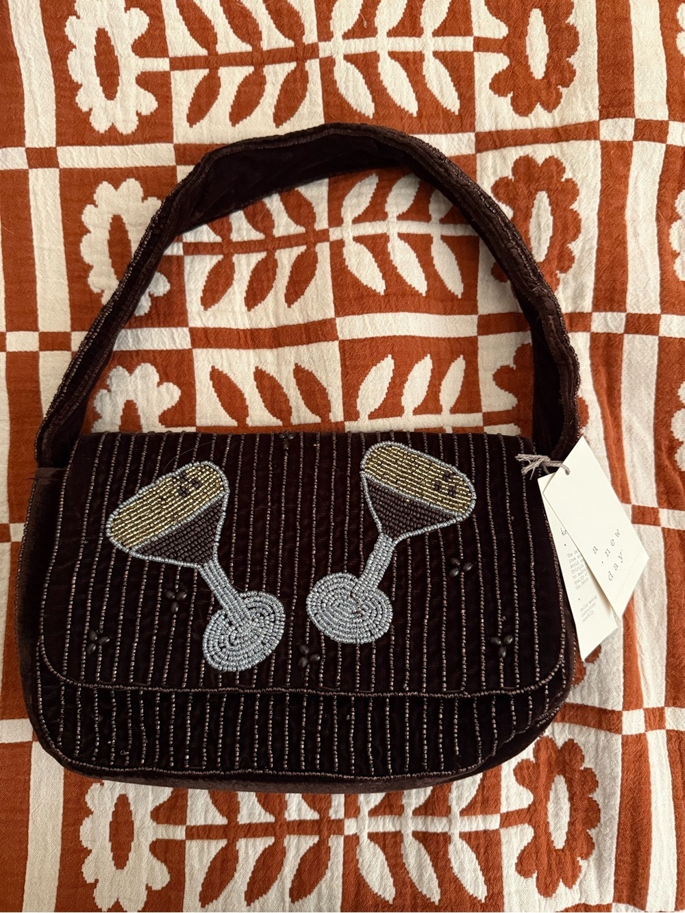 A New Day Espresso Beaded Cocktail Motif Velvet Shoulder Bag